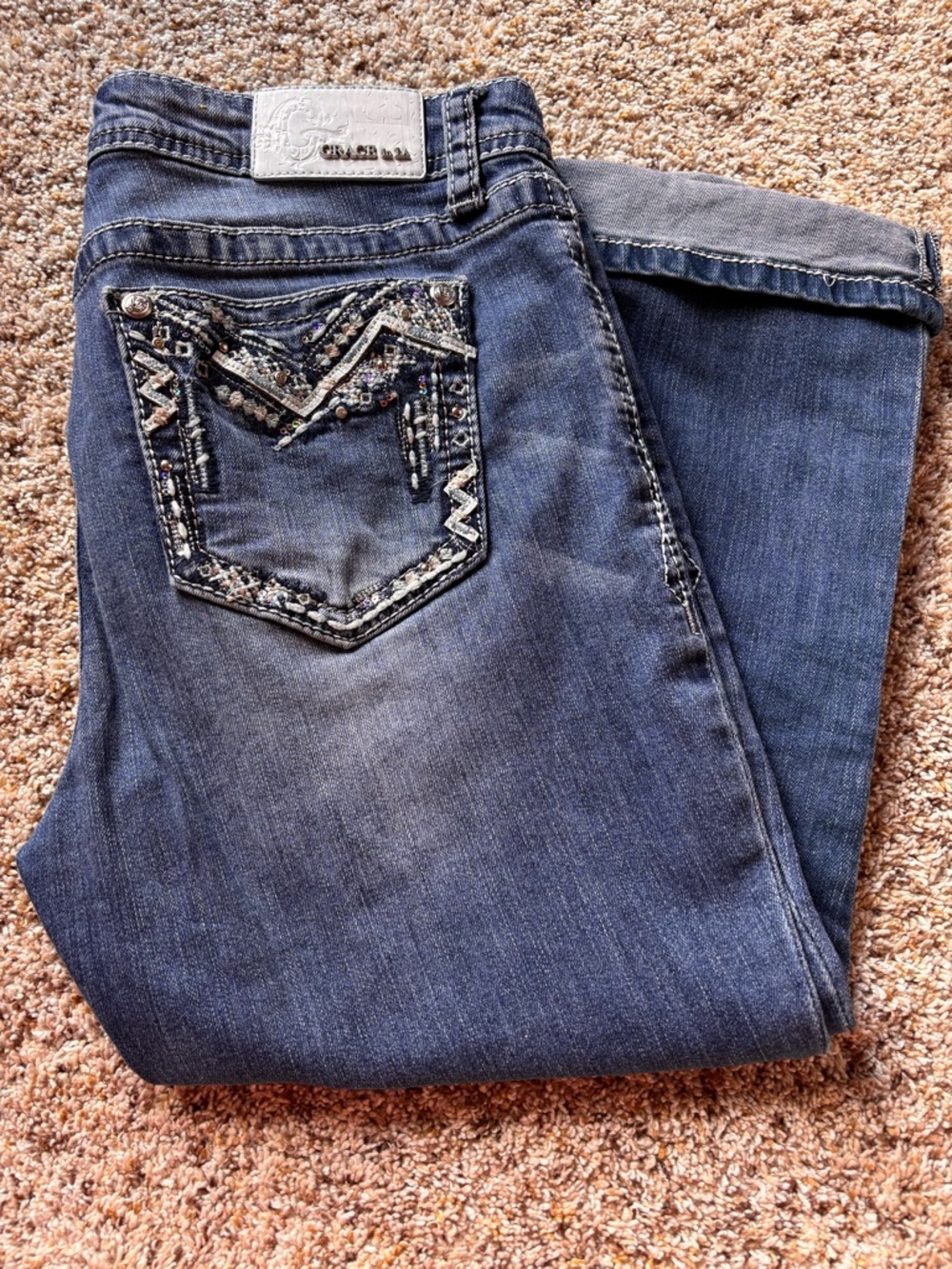 Grace Women's Medium-Dark Blue Capri Jeans with Embellished Pocket